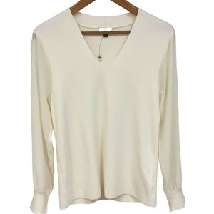 TALBOTS sz Medium Petite Sweater Blouse V Neck Sheer Sleeves Cream NWT